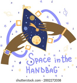 Vektorgrafik - Raum mit Planeten, Sternen und Kometen in einer magisch blauen Tasche in den Händen eines dunkelhäutigen Mädchens. Für Werbung, Präsentationen, Dekorationen, Postkarten und Aufkleber