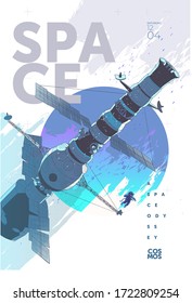 Vektorgrafik von Raum und Planeten. Raumstation und Astronaut. Hintergrundbild für das Poster.