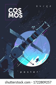 Vector illustration of space and planets. Space station and astronaut. Background image for the poster.