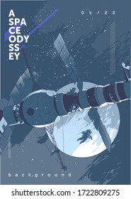 Vector illustration of space and planets. Space station and astronaut. Background image for the poster.