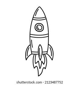 Vector illustration of a space rocket in doodle style isolated on a white background.