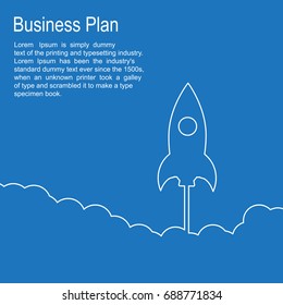 Vector illustration space rocket flying in sky. Linear design.