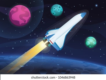 Vector illustration of a space rocket launch from Earth. Space travel to the alien planets and stars.
