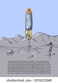 Vector illustration of space rocket launch and astronaut photo on planet. Planet exploration concept flyer, card with text place. Doodle cartoon outline space symbols.