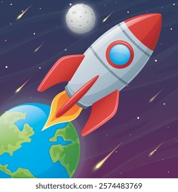 Vector illustration of space rocket launch in universe