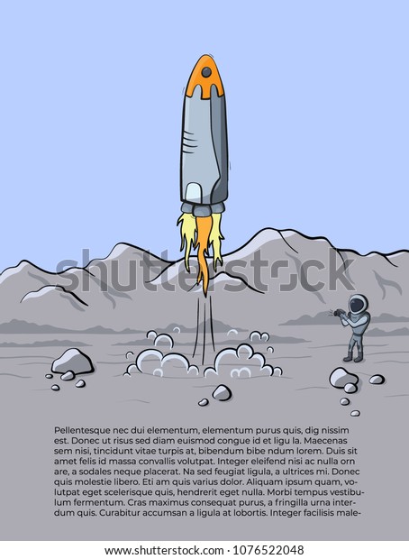 Vector illustration of\
space rocket launch and astronaut photo on planet. Planet\
exploration concept flyer, card with text place. Doodle cartoon\
outline space symbols.