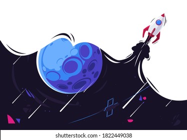 Vector illustration of a space rocket leaving a trail, open space with a planet and shooting stars in the background