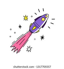 Vector illustration of space rocket and stars. Doodle style. Space background