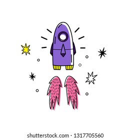 Vector illustration of space rocket and stars. Doodle style. Space background