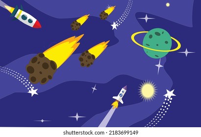 Vector illustration of space with rocket, stars, sun, planet.