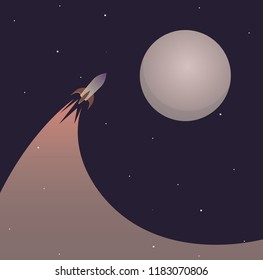 Vector illustration of space rocket with a trace flying to the moon. Space tourism.