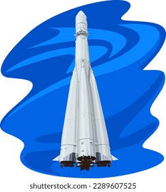 Vector illustration of the space rocket "Vostok - 1". Space rocket vector graphic on blue background. Illustrations on the theme of space. 