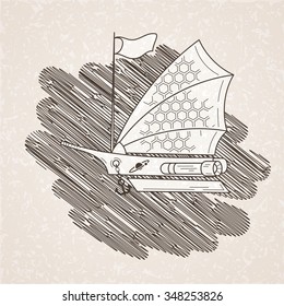 Vector illustration with space sailing ship on the background of stars. Children's adventure illustration.