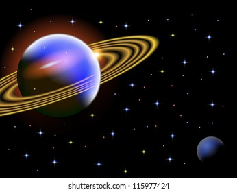 A vector illustration of a space scene with a large ringed planet saved in EPS10. The image contains a clipping mask. Double click on the image to edit all components
