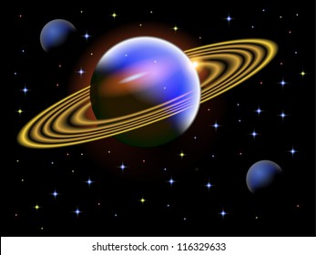 A vector illustration of a space scene with a large ringed planet saved in EPS10.