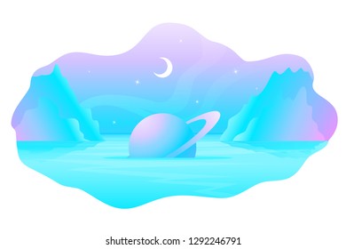 Vector illustration of space scene with planet with ring in the sea among the rocks under night sky with moon.
