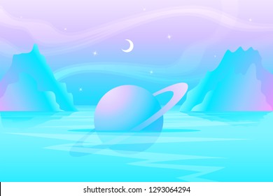 Vector illustration of space scene with planet with ring in the sea among the rocks under night starry sky.