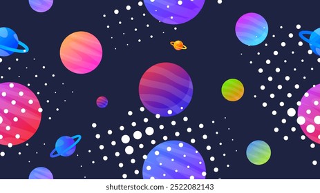 Vector illustration. Space seamless pattern on dark backdrop. Carton style. Design template for wallpaper, background, poster, banner, web, cover.