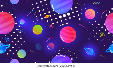 Vector illustration. Space seamless pattern on dark backdrop. Carton style. Design template for wallpaper, background, poster, banner, web, cover.