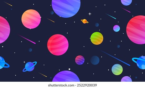 Vector illustration. Space seamless pattern on dark backdrop. Carton style. Design template for wallpaper, background, poster, banner, web, cover.