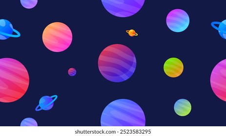 Vector illustration. Space seamless pattern on dark backdrop. Carton style. Design template for wallpaper, background, poster, banner, web, cover.