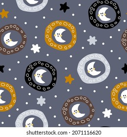 Ilustración vectorial del espacio sin costura patrón escandinavo con luna y estrellas para telas para niños, fondo, fondo, papel envolvente 