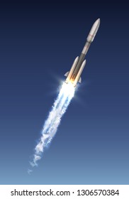 Vector illustration of space shattle or career rocket flight after launch in blue sky