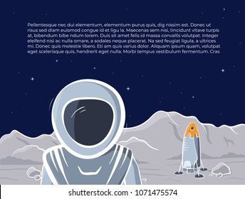 Vector illustration of space ship and astronaut on red planet. Planet exploration concept flyer with text place. Doodle cartoon outline space symbols.