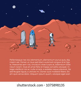 Vector illustration of space ship and astronaut on red planet. Planet exploration concept flyer, card with text place. Doodle cartoon outline space symbols.