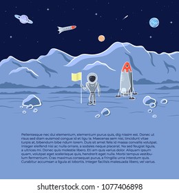Vector illustration of space ship and astronaut on red planet. Planet exploration concept flyer, card with text place. Doodle cartoon outline space symbols.