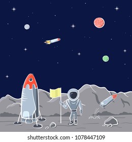 Vector illustration of space ship and astronaut on red planet. Planet exploration concept flyer, card. Doodle cartoon outline space symbols.