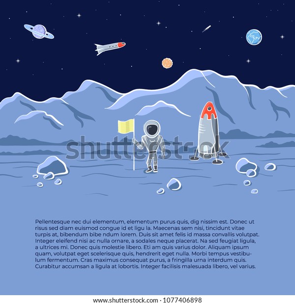Vector illustration of space ship\
and astronaut on red planet. Planet exploration concept flyer, card\
with text place. Doodle cartoon outline space\
symbols.