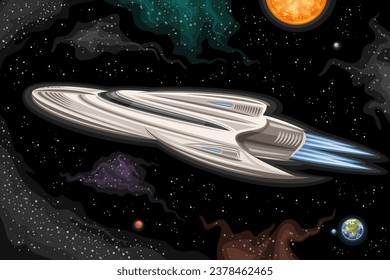 Vector illustration of Space Ship, astronomical horizontal poster with cartoon design research spaceship, flying in deep space, extraterrestrial spaceship cosmo print on black starry space background