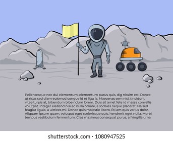 Vector illustration of space ship, flag and astronaut on red planet. Planet exploration concept flyer with text place. Doodle cartoon outline space symbols.