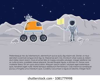 Vector illustration of space ship, flag and astronaut on red planet. Planet exploration concept flyer with text place. Doodle cartoon outline space symbols.