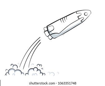 Vector illustration of space ship launch. Rocket start concept. Doodle cartoon outline space shuttle symbol. 