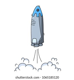 Vector illustration of space ship launch. Rocket start concept. Doodle cartoon outline space shuttle symbol. 