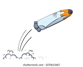 Vector illustration of space ship launch. Rocket start concept. Doodle cartoon outline space shuttle symbol. 