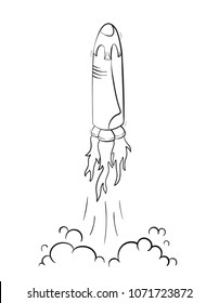 Vector illustration of space ship launch. Rocket start concept. Doodle cartoon outline space shuttle symbol. 