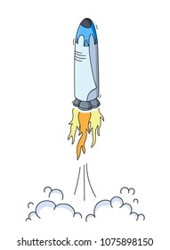Vector illustration of space ship launch. Rocket start concept. Doodle cartoon outline space shuttle symbol. 