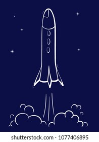 Vector illustration of space ship launch. Rocket start concept. Doodle cartoon outline space shuttle symbol. 