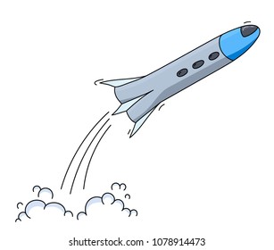 Vector illustration of space ship launch. Rocket start concept. Doodle cartoon outline space shuttle symbol. 