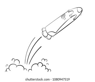 Vector illustration of space ship launch. Rocket start concept. Doodle cartoon outline space shuttle symbol. 