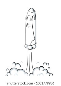 Vector illustration of space ship launch. Rocket start concept. Doodle cartoon outline space shuttle symbol. 