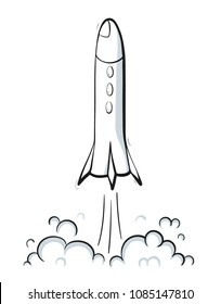 Vector illustration of space ship launch. Rocket start concept. Doodle cartoon outline space shuttle symbol. 
