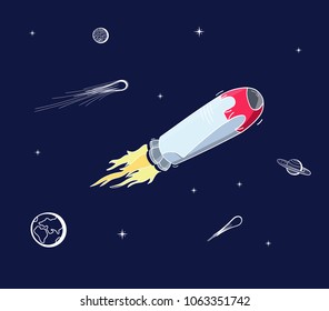 Vector illustration of space ship â?? rocket, comet, planet. Doodle cartoon outline space symbol. Space shuttle vector icon.  