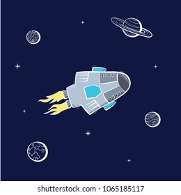 Vector illustration of space ship â?? rocket, planets. Doodle cartoon outline space symbol. Space shuttle vector icon.  