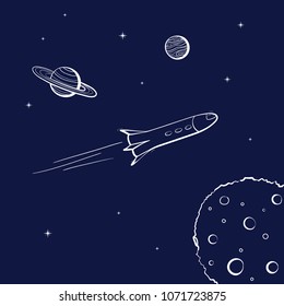 Vector illustration of space ship rocket, planets. Doodle cartoon outline space symbol. Space shuttle vector icon.  