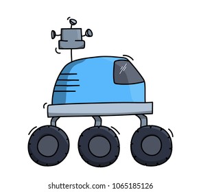 Vector illustration of space ship rover. Planet explorer concept. Doodle cartoon outline space shuttle symbol. 