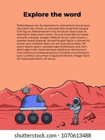 Vector illustration of space ship rover and astronaut on red planet. Planet exploration concept flyer with text place. Doodle cartoon outline space symbols.